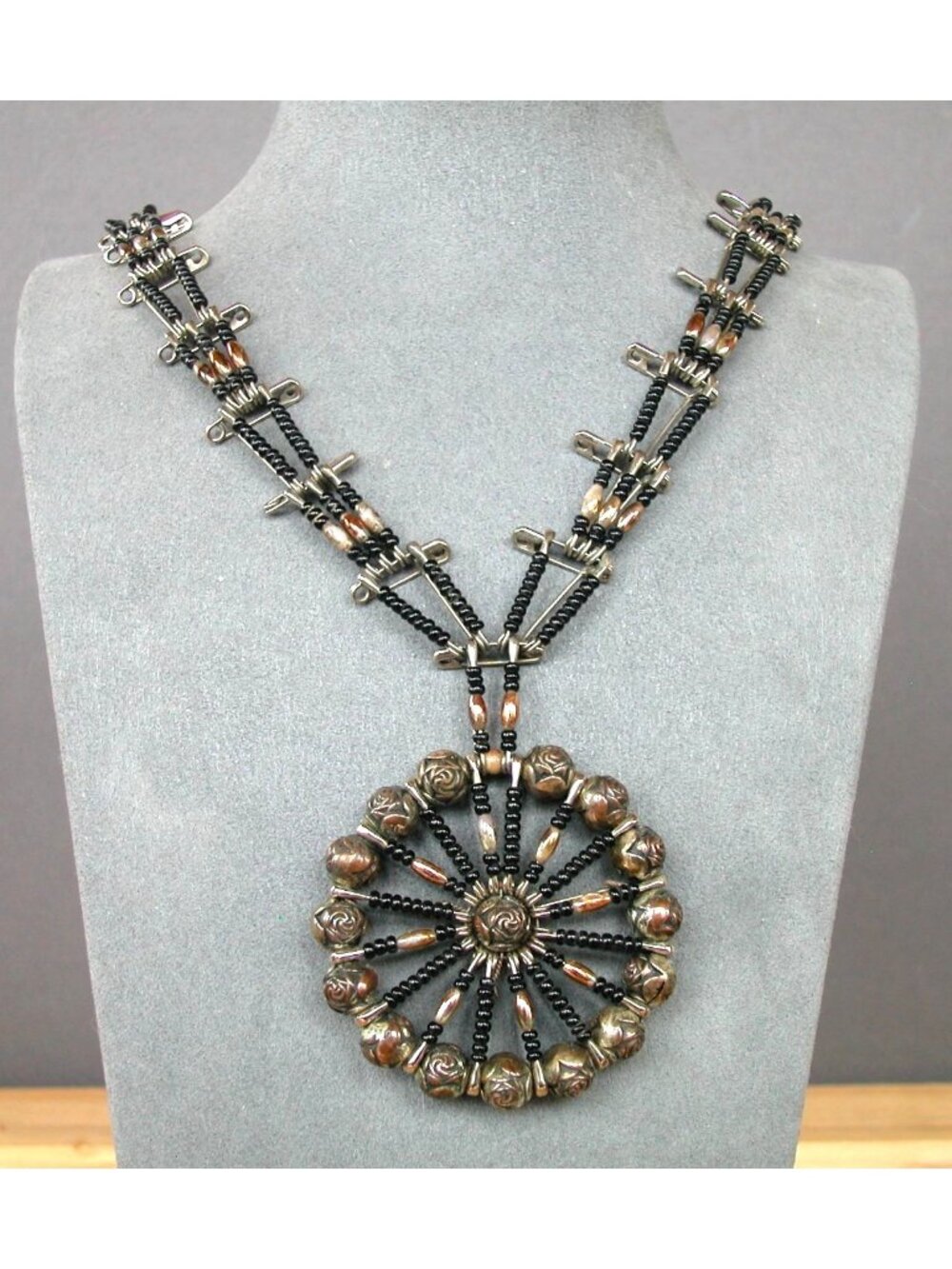 Vintage 70's Safety Pin & Bead Necklace 22" Chain, 2" Pendent